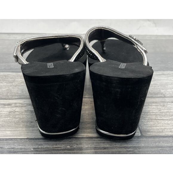 GUESS-“SARRALY” WOMEN SIZE 6M BLACK w/PEWTER~SILVER RHINESTONES WEDGE FLIP FLOPS - Picture 6 of 8